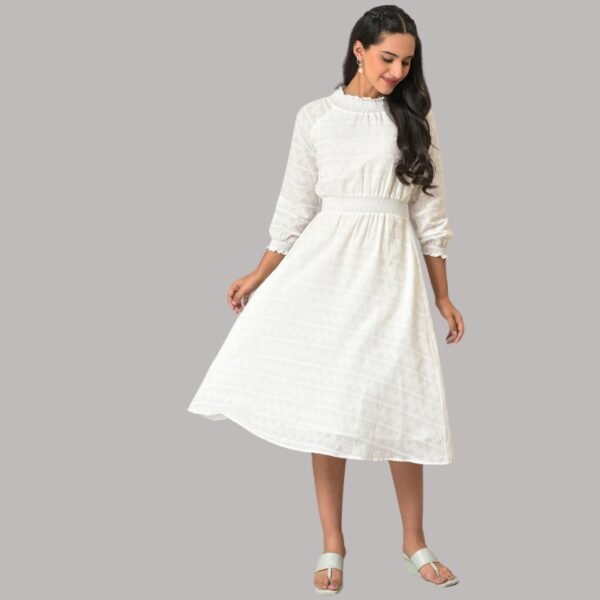 White Flared Printed Modern Ethnic Dress