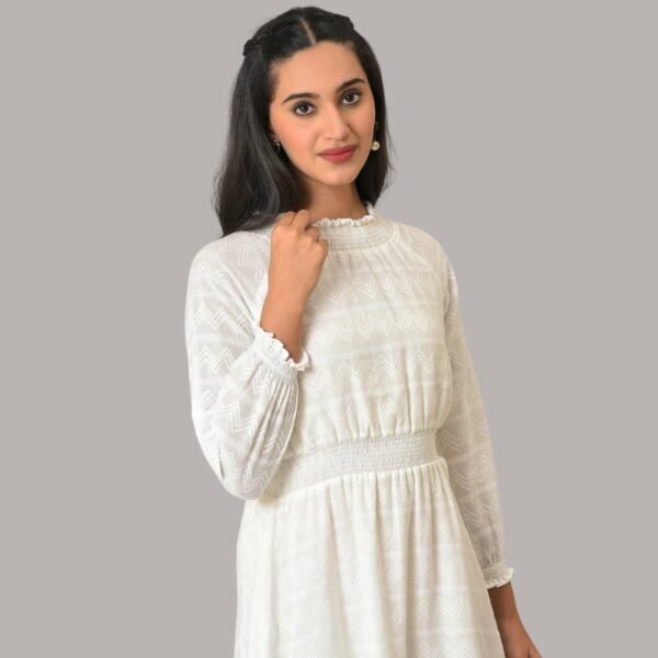 White Flared Printed Modern Ethnic Dress - Image 3