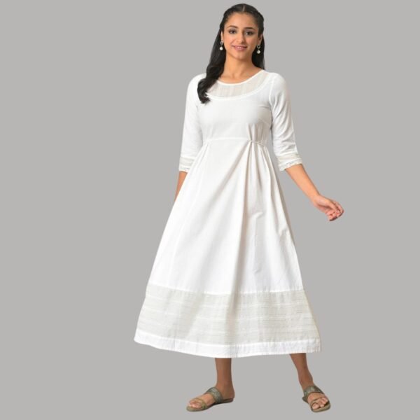 White Flared Printed Modern Ethnic Dress