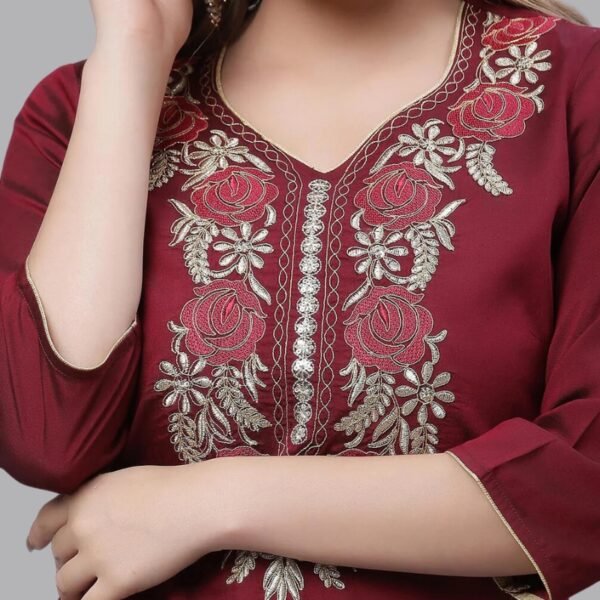 Wine Embroidered Festive Kurta - Image 2