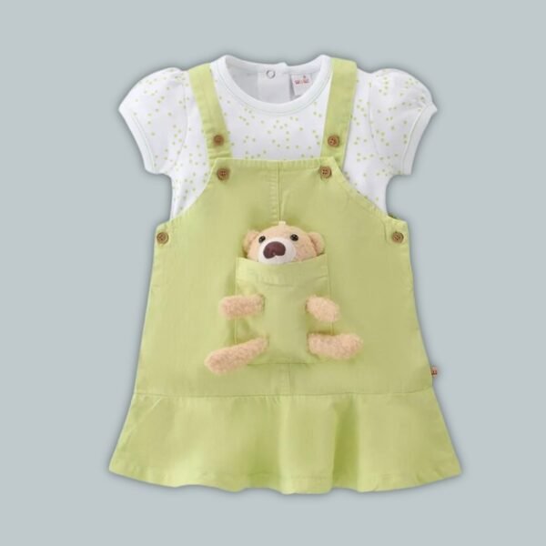 Wow Clothes Cotton Woven Frock With Half Sleeves Inner T-Shirt & Teddy Applique - White & Green