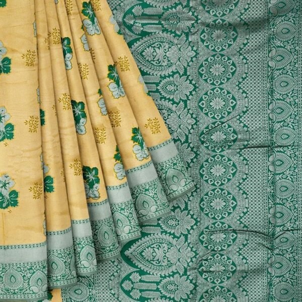 YELLOW and DARK GREEN FLORAL BUTTIS SILK Saree with BANARASI FANCY - Image 2
