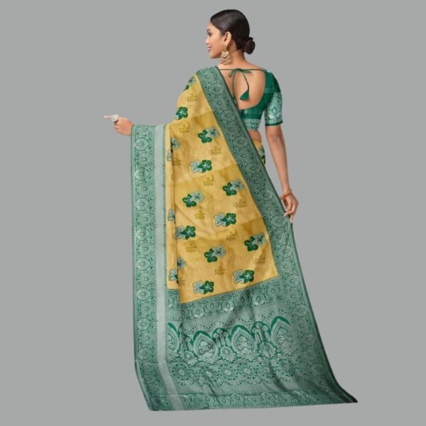 YELLOW and DARK GREEN FLORAL BUTTIS SILK Saree with BANARASI FANCY - Image 3