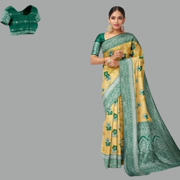 YELLOW and DARK GREEN FLORAL BUTTIS SILK Saree with BANARASI FANCY