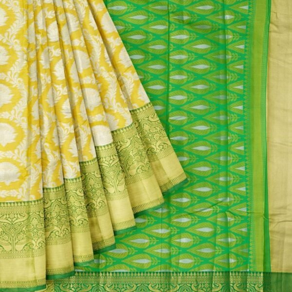 YELLOW and DARK GREEN FLORAL JAAL TISSUE Saree with BANARASI FANCY - Image 2