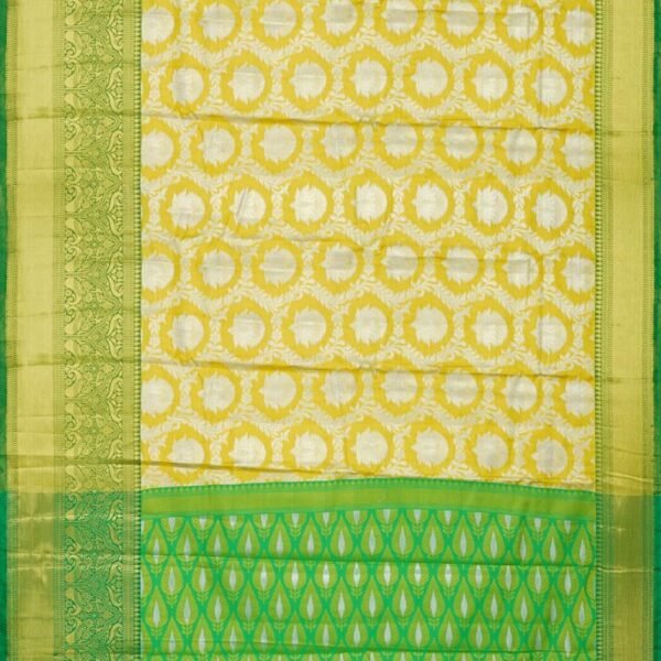 YELLOW and DARK GREEN FLORAL JAAL TISSUE Saree with BANARASI FANCY - Image 3