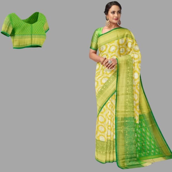 YELLOW and DARK GREEN FLORAL JAAL TISSUE Saree with BANARASI FANCY