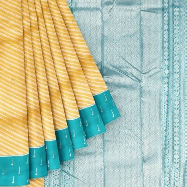 YELLOW and TEAL JAAL SILK Saree with BANARASI FANCY - Image 2