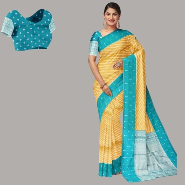 YELLOW and TEAL JAAL SILK Saree with BANARASI FANCY