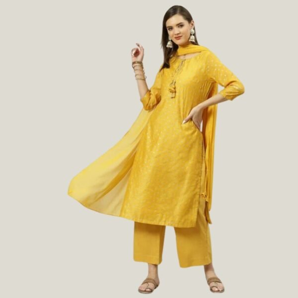 Yellow Printed Straight Kurta Palazzo Suit Set