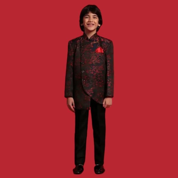 AJ Dezines?Full Sleeves Seamless Floral Branch Design Detailed Asymmetrical Blazer With Pant - Red & Black