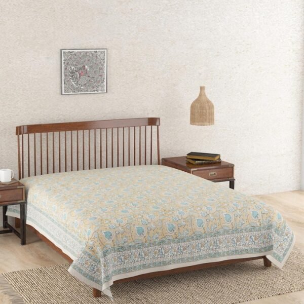 Beige Ihania Cotton Hand Block Printed Bed Cover