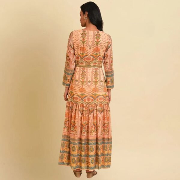 Beige Printed Tiered Dress With Embroidery - Image 2