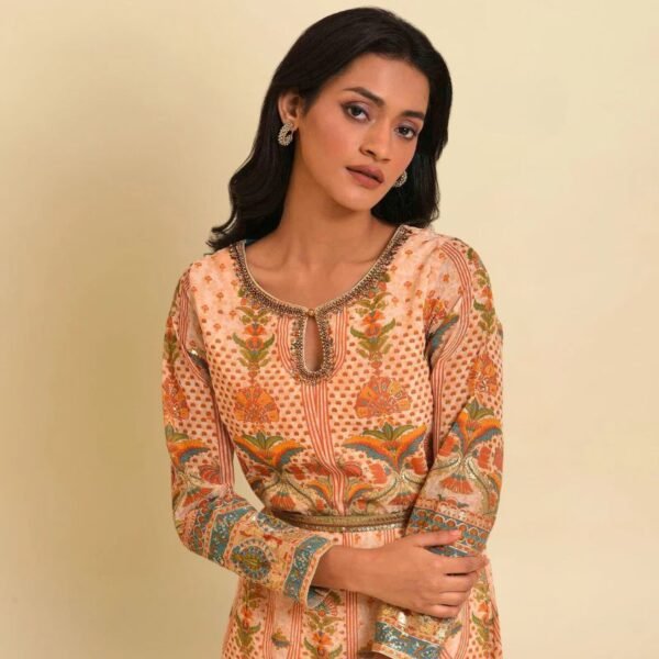 Beige Printed Tiered Dress With Embroidery - Image 3