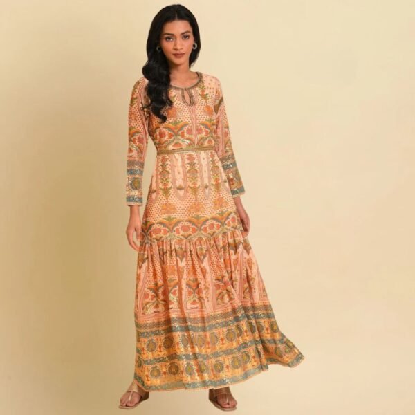 Beige Printed Tiered Dress With Embroidery