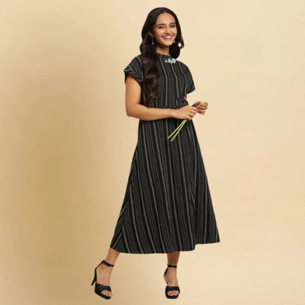 Black Embroidered Neck Stripe Western Dress