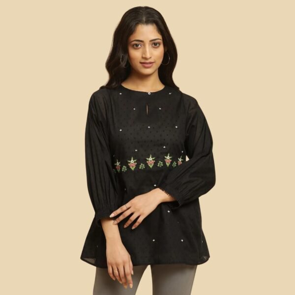 Black Floral Embroidered Western Top