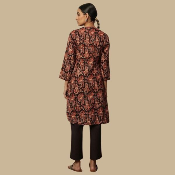 Black Kalamkari Printed Straight Kurta In Cotton Slub - Image 2