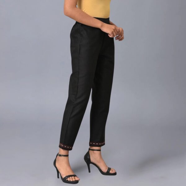 Black Slim Pants With Embroidery At Hemline - Image 3