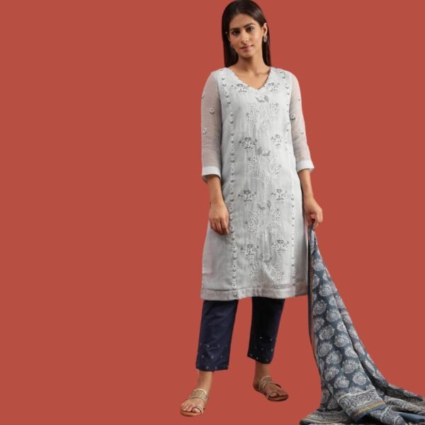Blue Cotton Silk Kota Tepchi Embroidery Kurta