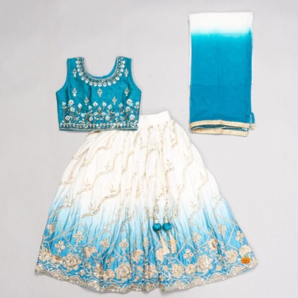 Blue Cream Embroidered Girls Lehenga Choli