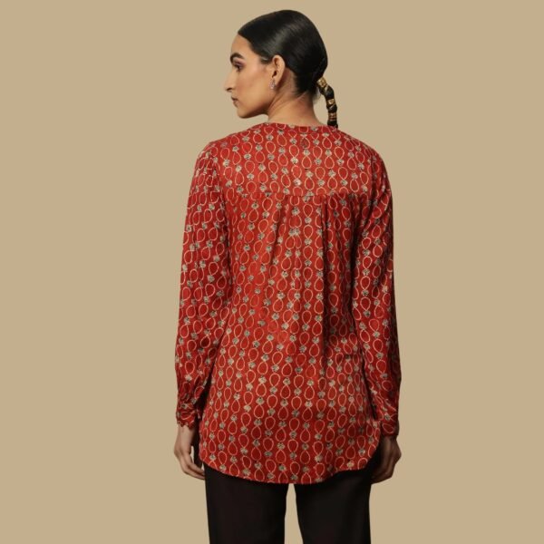 Brick Red Ajrakh Print Top In Lustrous Satin - Image 2