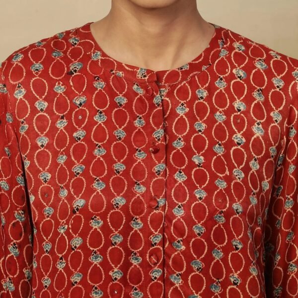 Brick Red Ajrakh Print Top In Lustrous Satin - Image 3