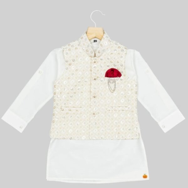 Cream Embroidered Boys Kurta Pajama - Image 2