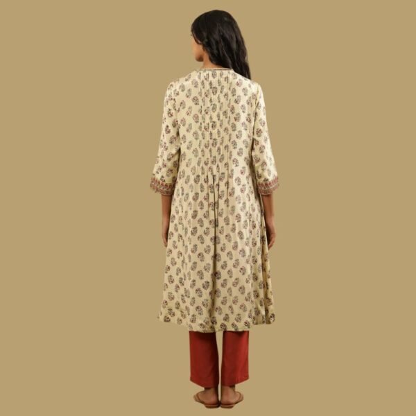 Cream Multicoloured Block Printed Pleated Kurta - Image 2