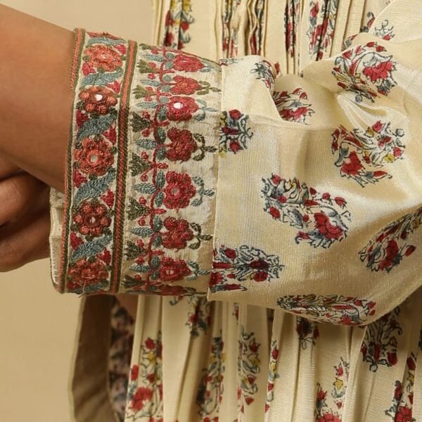 Cream Multicoloured Block Printed Pleated Kurta - Image 3