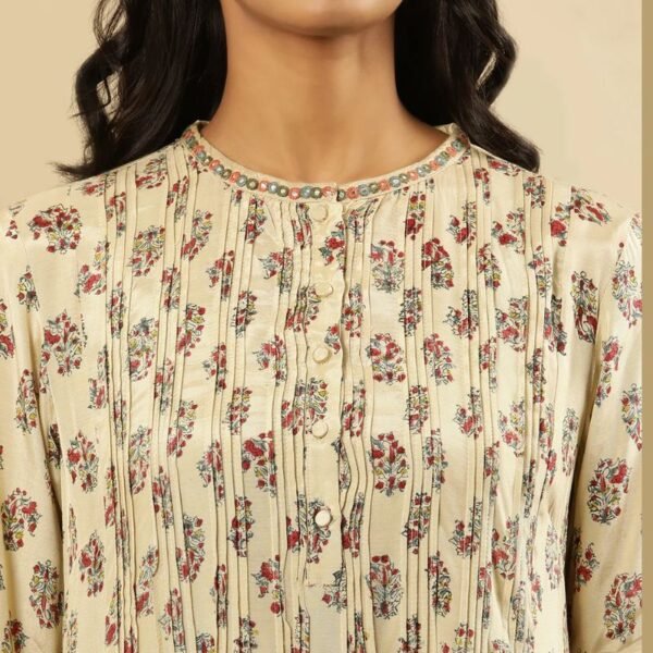 Cream Multicoloured Block Printed Pleated Kurta - Image 4