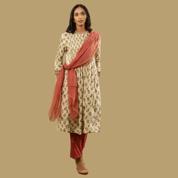 Cream Multicoloured Block Printed Pleated Kurta