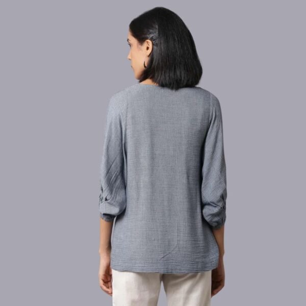 Dark Blue Gathered Top With Smocked Detail - Image 2