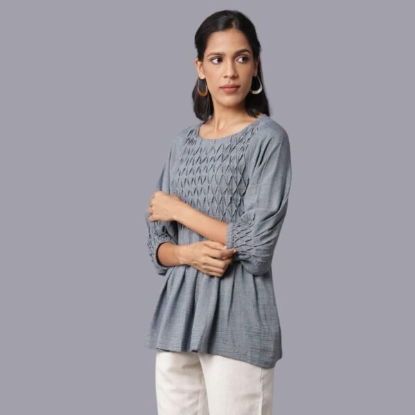 Dark Blue Gathered Top With Smocked Detail - Image 3