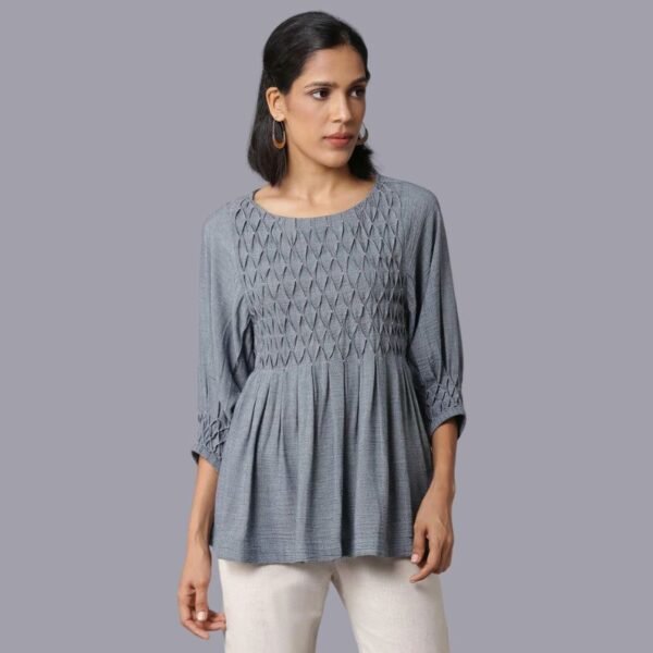Dark Blue Gathered Top With Smocked Detail