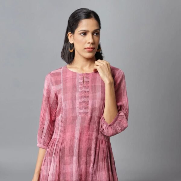 Dark Pink Ikkat Smoking Dress In Round Neck - Image 3