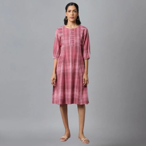 Dark Pink Ikkat Smoking Dress In Round Neck