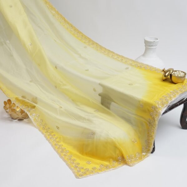Designer Organza Light Yellow Saree - Image 2