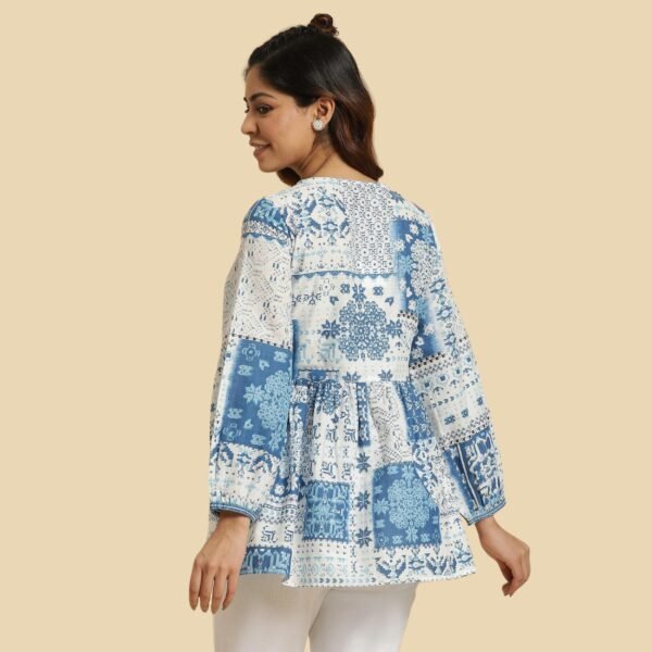 Ecru & Blue Gathered Top With Tie-Up Neck - Image 2