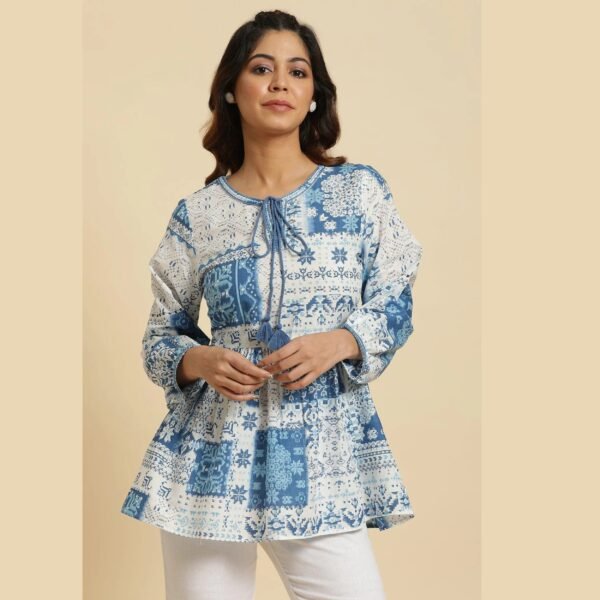 Ecru & Blue Gathered Top With Tie-Up Neck