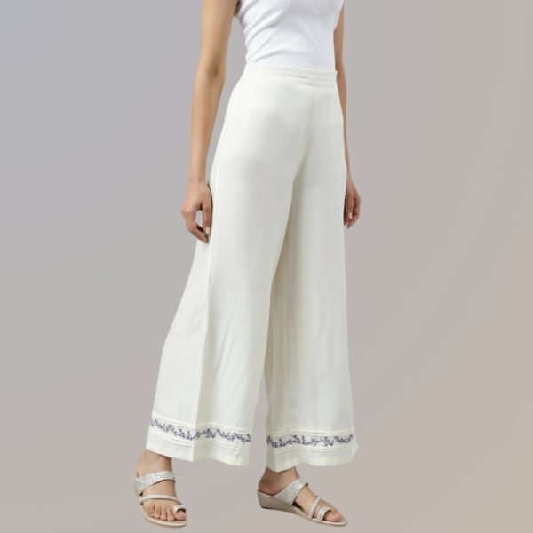 Ecru Embroidered Rayon Parallel Pants With Pleats - Image 2