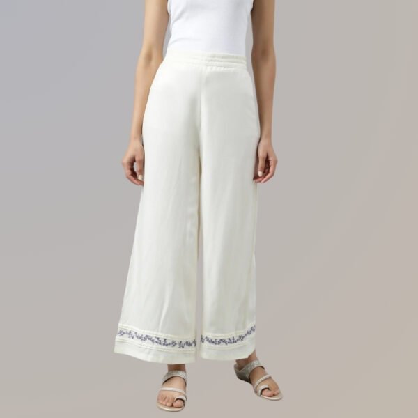 Ecru Embroidered Rayon Parallel Pants With Pleats