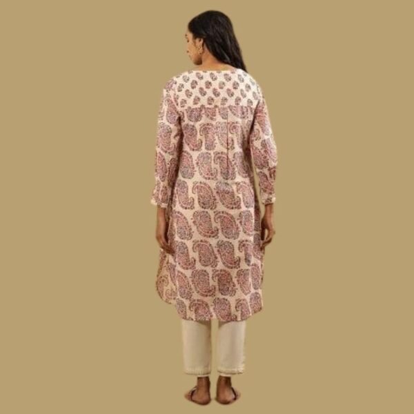 Ecru Hand Block Paisley Print Kurta In Cotton Slub - Image 2
