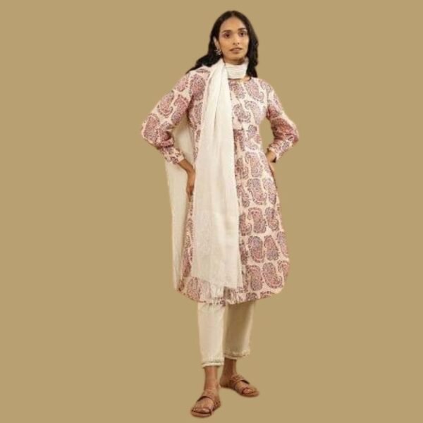 Ecru Hand Block Paisley Print Kurta In Cotton Slub
