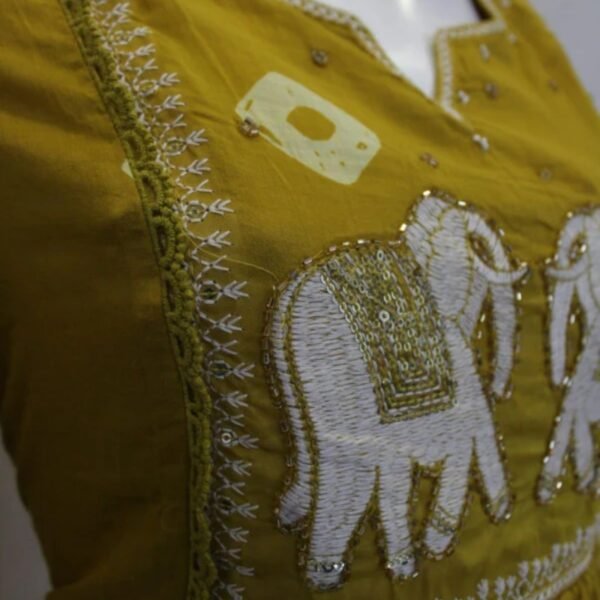 Elephant Motif Yellow Mul Cotton Kurt - Image 2