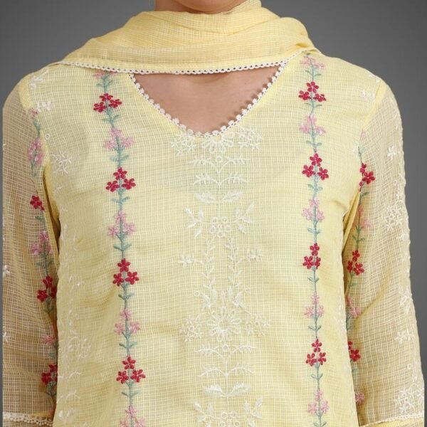 Embroidered Lace Kota Straight Kurta & Straight pant with Dupatta Set - Image 4