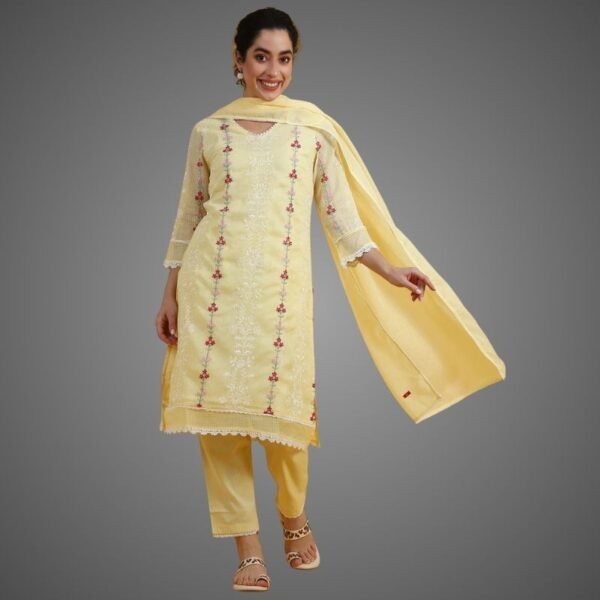 Embroidered Lace Kota Straight Kurta & Straight pant with Dupatta Set