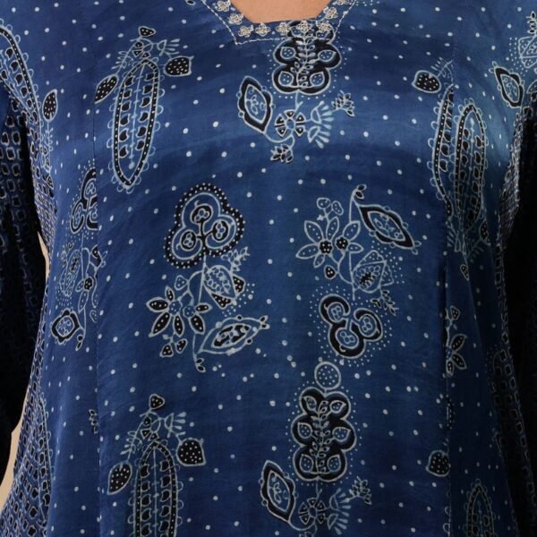 Folksong Indigo Floral Metallic Embroidered Viscose Flared Ajrakh Kurta - Image 2
