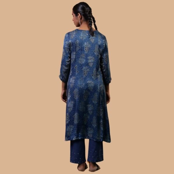 Folksong Indigo Floral Metallic Embroidered Viscose Flared Ajrakh Kurta - Image 3