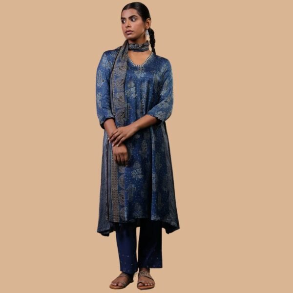 Folksong Indigo Floral Metallic Embroidered Viscose Flared Ajrakh Kurta